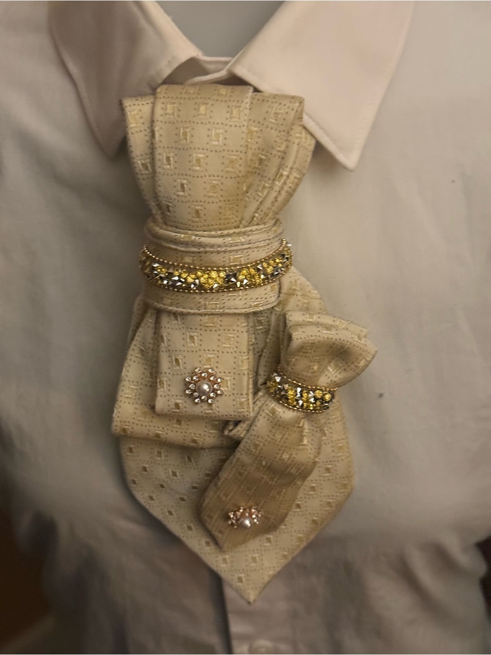 Elegant Cream Jeweled Tie Accessory with Gold Crystal Accents